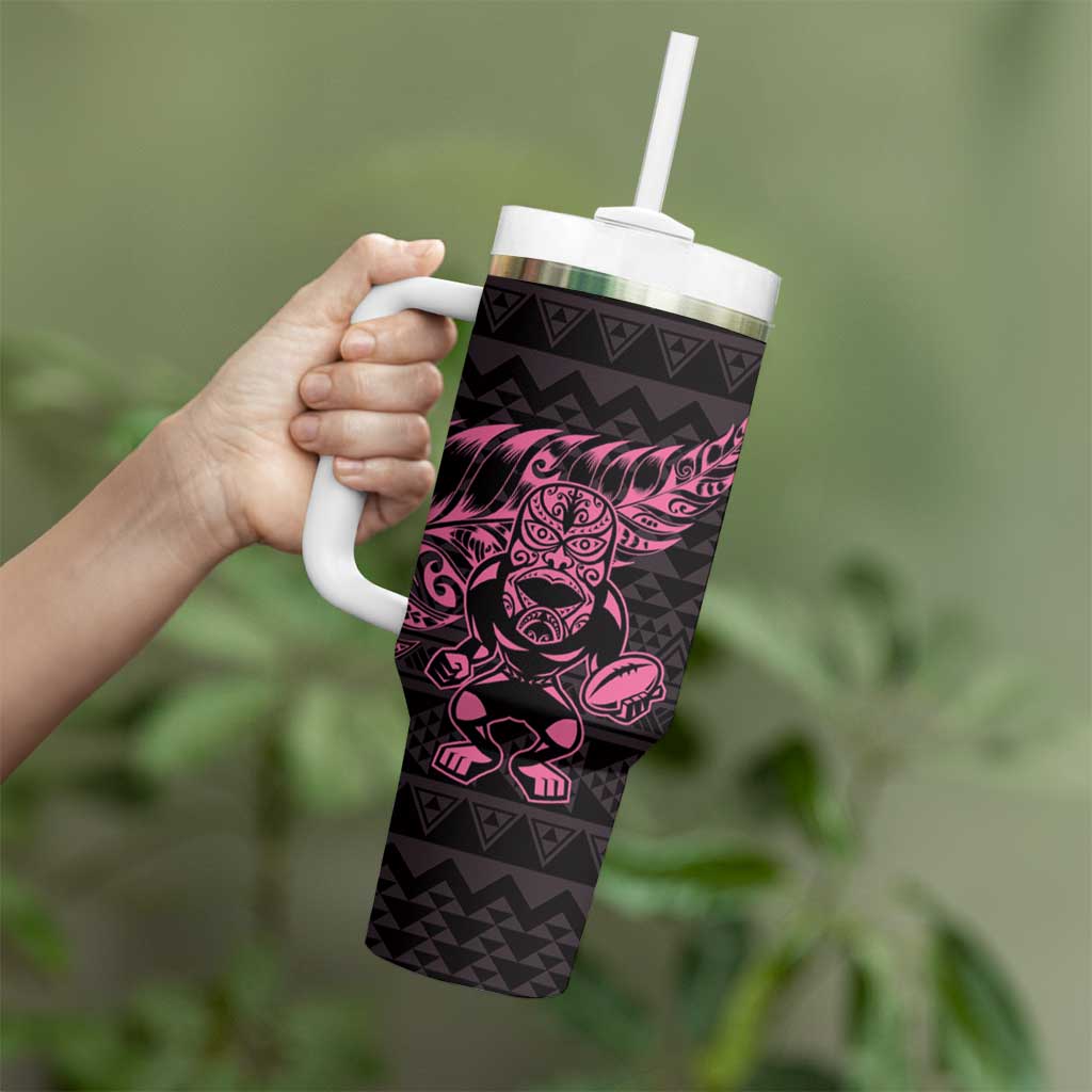 New Zealand Rugby Warrior Custom Tumbler With Handle Pink Fern Taniko Motif LT9 - Polynesian Pride