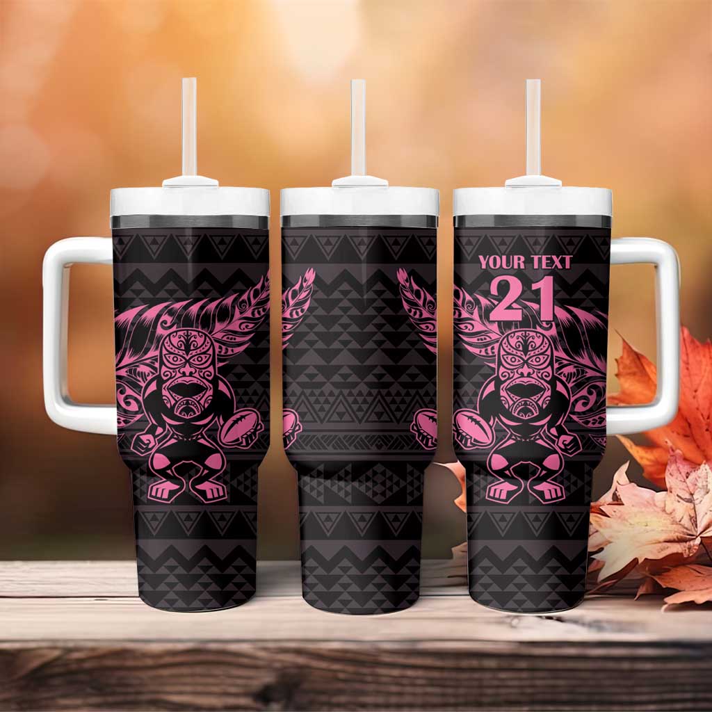 New Zealand Rugby Warrior Custom Tumbler With Handle Pink Fern Taniko Motif LT9 - Polynesian Pride