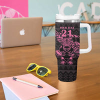 New Zealand Rugby Warrior Custom Tumbler With Handle Pink Fern Taniko Motif LT9 - Polynesian Pride
