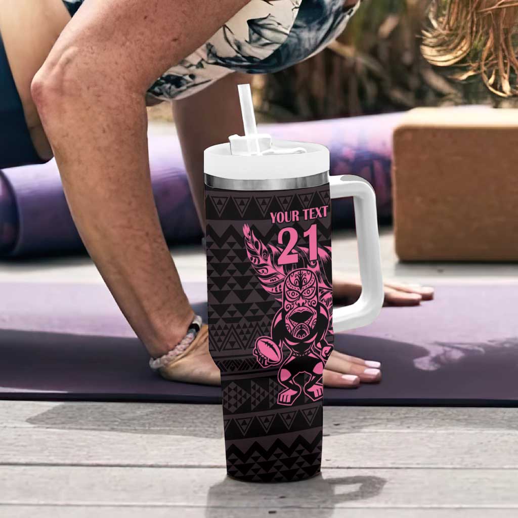 New Zealand Rugby Warrior Custom Tumbler With Handle Pink Fern Taniko Motif LT9 - Polynesian Pride