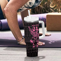 New Zealand Rugby Warrior Custom Tumbler With Handle Pink Fern Taniko Motif LT9 - Polynesian Pride
