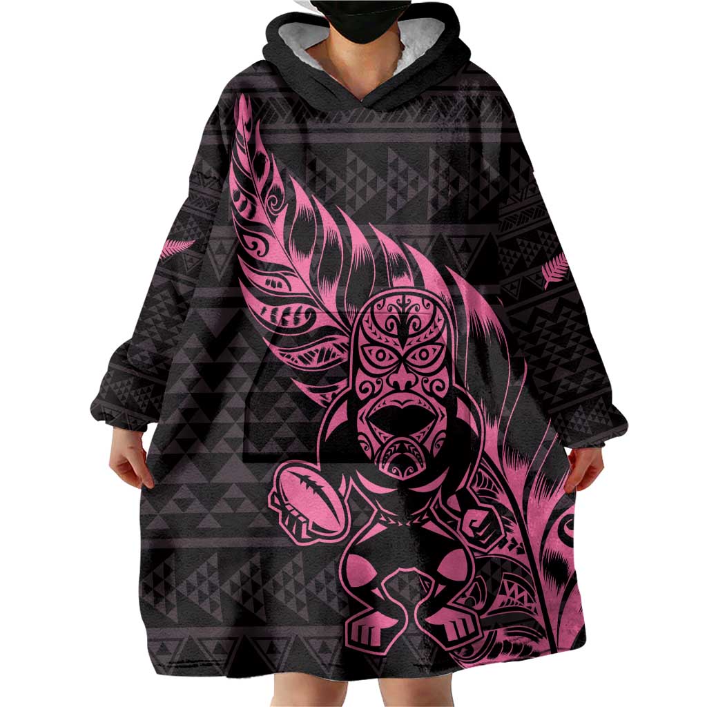 New Zealand Rugby Warrior Custom Wearable Blanket Hoodie Pink Fern Taniko Motif LT9 - Polynesian Pride