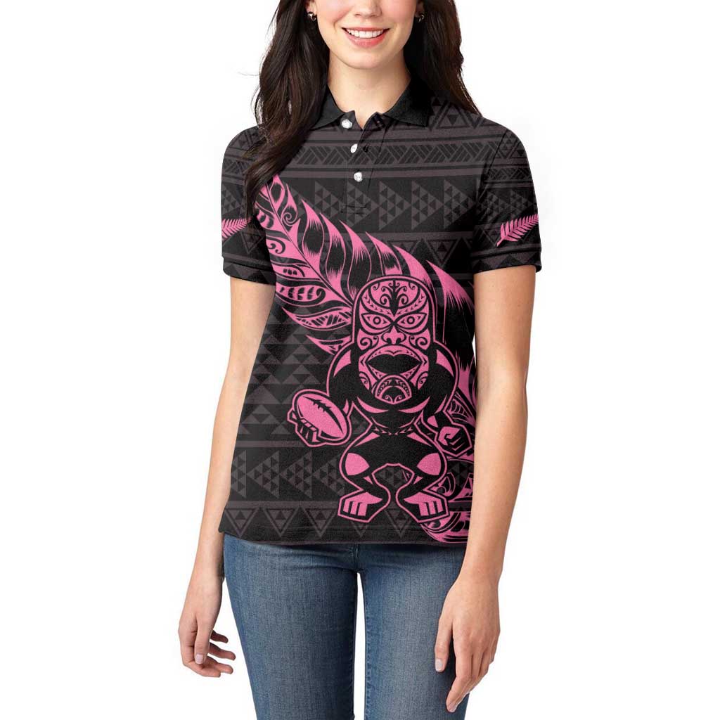 New Zealand Rugby Warrior Custom Women Polo Shirt Pink Fern Taniko Motif LT9 - Polynesian Pride