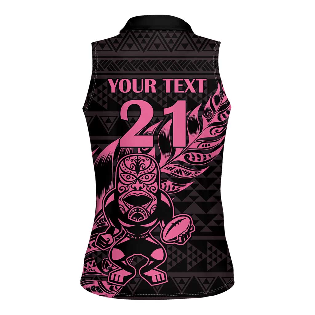 New Zealand Rugby Warrior Custom Women Sleeveless Polo Shirt Pink Fern Taniko Motif LT9 - Polynesian Pride