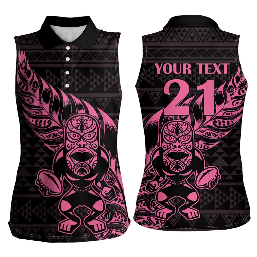 New Zealand Rugby Warrior Custom Women Sleeveless Polo Shirt Pink Fern Taniko Motif LT9 - Polynesian Pride