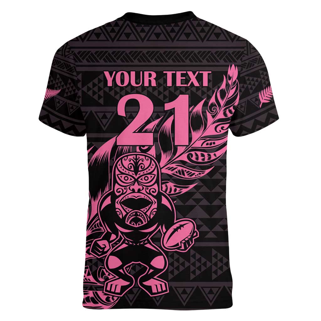 New Zealand Rugby Warrior Custom Women V-Neck T-Shirt Pink Fern Taniko Motif LT9 - Polynesian Pride