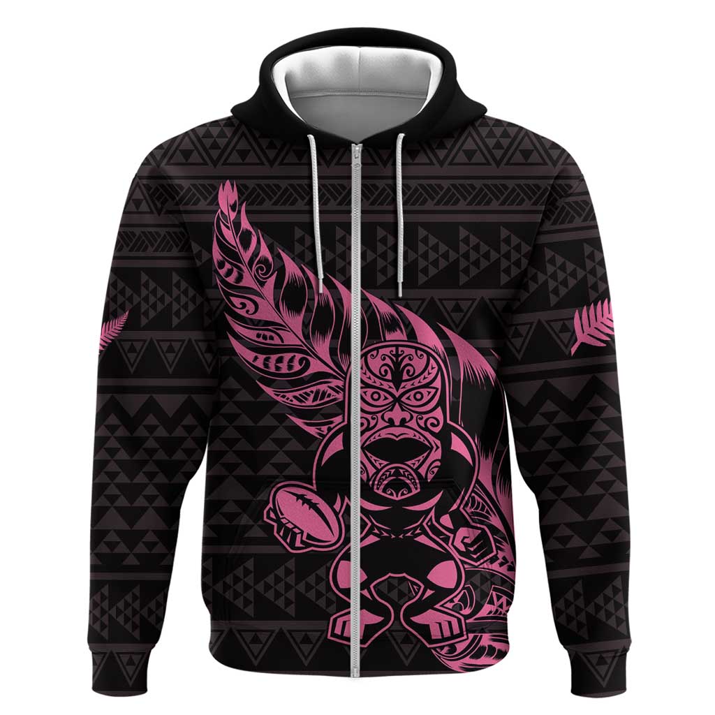 New Zealand Rugby Warrior Custom Zip Hoodie Pink Fern Taniko Motif LT9 Zip Hoodie Pink - Polynesian Pride
