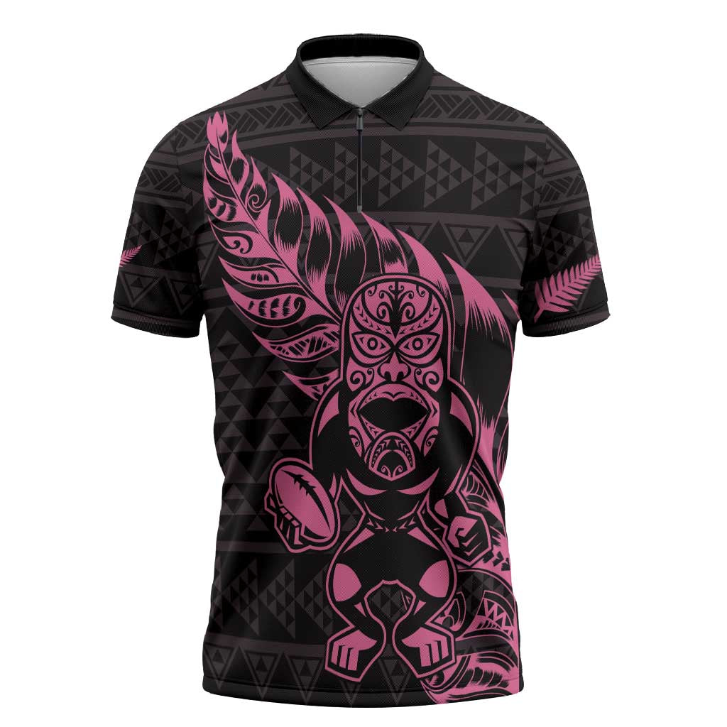 New Zealand Rugby Warrior Custom Zipper Polo Shirt Pink Fern Taniko Motif LT9 Pink - Polynesian Pride