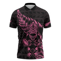New Zealand Rugby Warrior Custom Zipper Polo Shirt Pink Fern Taniko Motif LT9 Pink - Polynesian Pride