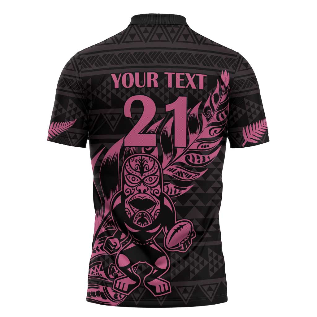 New Zealand Rugby Warrior Custom Zipper Polo Shirt Pink Fern Taniko Motif LT9 - Polynesian Pride