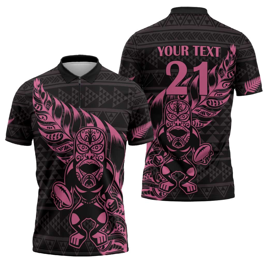 New Zealand Rugby Warrior Custom Zipper Polo Shirt Pink Fern Taniko Motif LT9 - Polynesian Pride