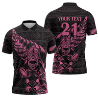New Zealand Rugby Warrior Custom Zipper Polo Shirt Pink Fern Taniko Motif LT9 - Polynesian Pride