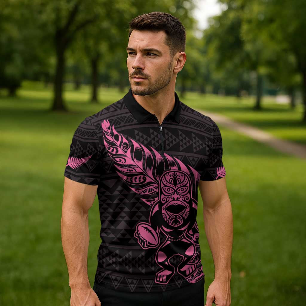 New Zealand Rugby Warrior Custom Zipper Polo Shirt Pink Fern Taniko Motif LT9 - Polynesian Pride