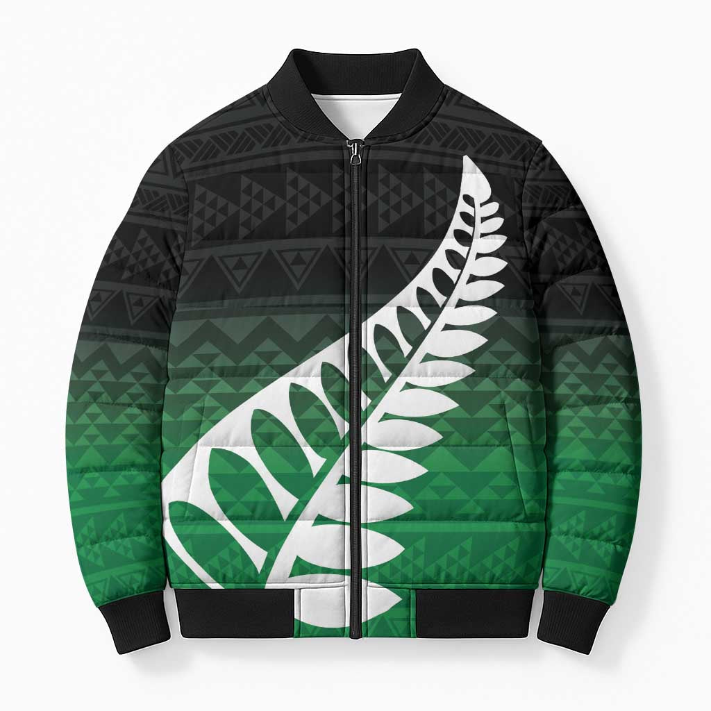 Green Silver Fern Spirit Taniko Tukutuku Personalised Bomber Puffer Jacket LT9 Unisex Green - Polynesian Pride
