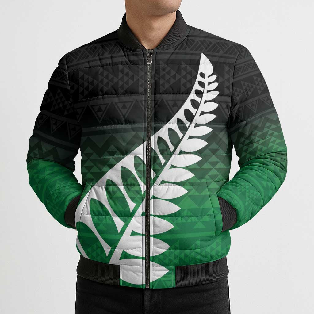 Green Silver Fern Spirit Taniko Tukutuku Personalised Bomber Puffer Jacket LT9 - Polynesian Pride