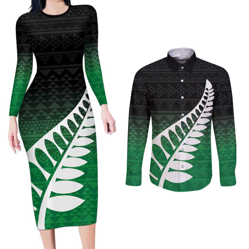 Green Silver Fern Spirit Taniko Tukutuku Personalised Couples Matching Long Sleeve Bodycon Dress and Long Sleeve Button Shirt LT9 Green - Polynesian Pride