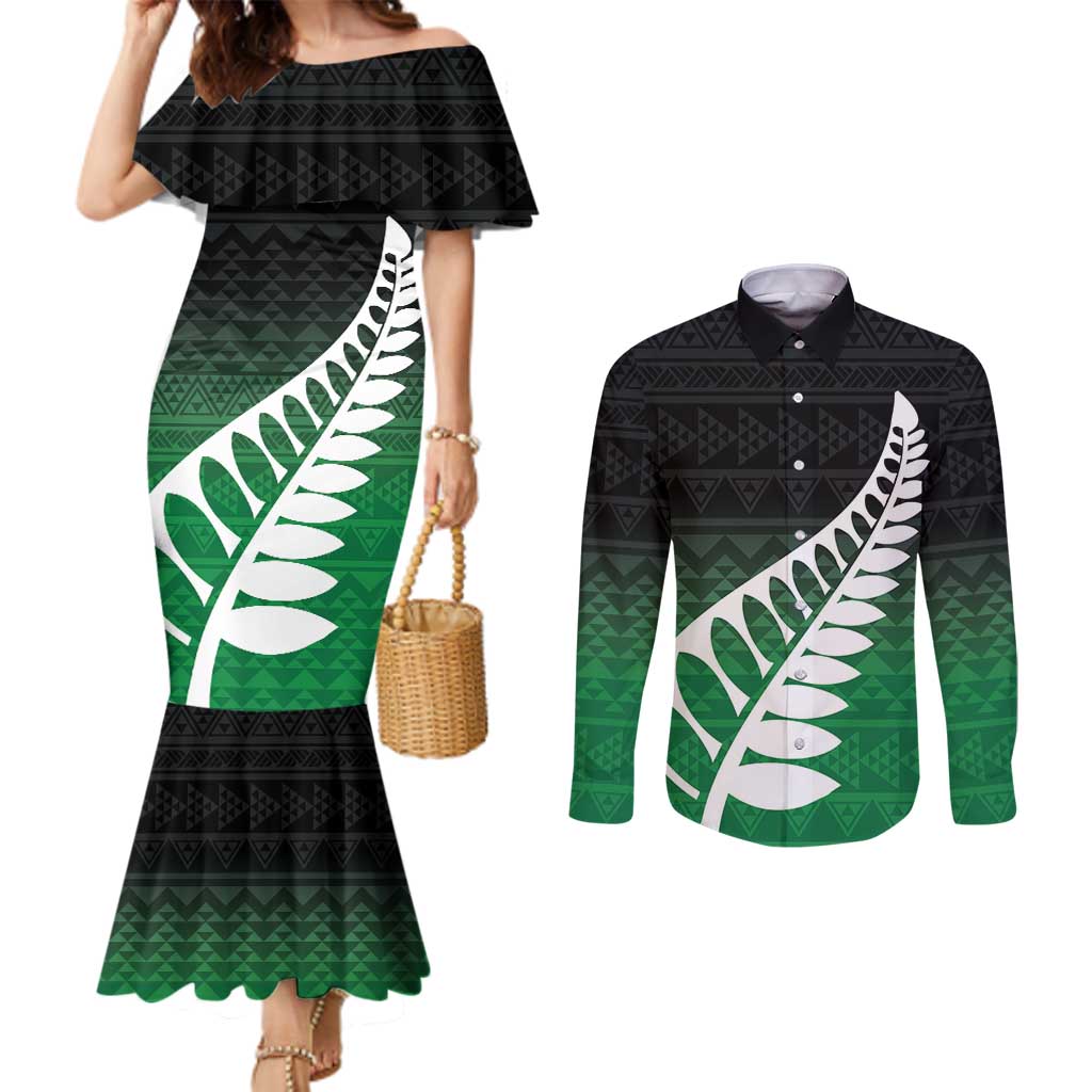 Green Silver Fern Spirit Taniko Tukutuku Personalised Couples Matching Mermaid Dress and Long Sleeve Button Shirt LT9 Green - Polynesian Pride