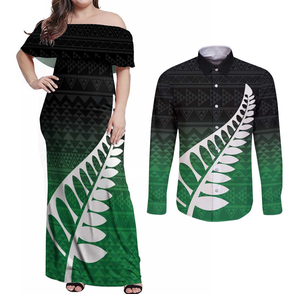 Green Silver Fern Spirit Taniko Tukutuku Personalised Couples Matching Off Shoulder Maxi Dress and Long Sleeve Button Shirt LT9 Green - Polynesian Pride