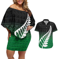 Green Silver Fern Spirit Taniko Tukutuku Personalised Couples Matching Off Shoulder Short Dress and Hawaiian Shirt LT9 Green - Polynesian Pride