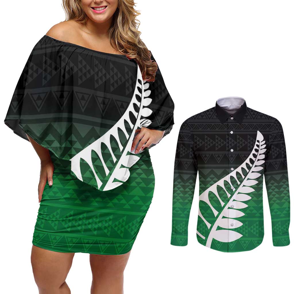 Green Silver Fern Spirit Taniko Tukutuku Personalised Couples Matching Off Shoulder Short Dress and Long Sleeve Button Shirt LT9 Green - Polynesian Pride