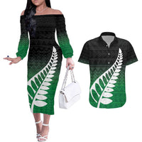 Green Silver Fern Spirit Taniko Tukutuku Personalised Couples Matching Off The Shoulder Long Sleeve Dress and Hawaiian Shirt LT9 Green - Polynesian Pride