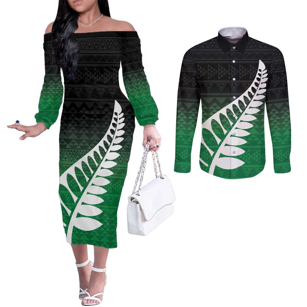 Green Silver Fern Spirit Taniko Tukutuku Personalised Couples Matching Off The Shoulder Long Sleeve Dress and Long Sleeve Button Shirt LT9 Green - Polynesian Pride