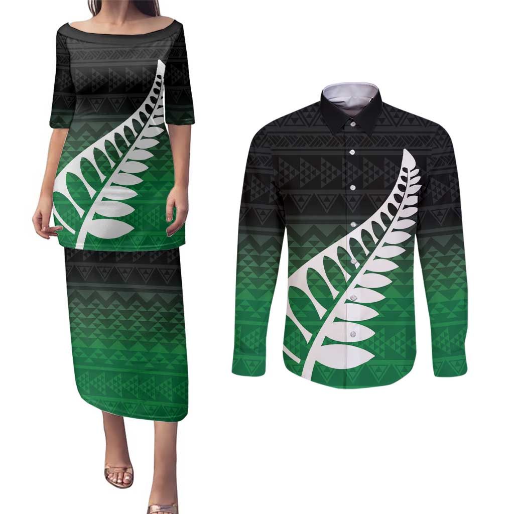 Green Silver Fern Spirit Taniko Tukutuku Personalised Couples Matching Puletasi and Long Sleeve Button Shirt LT9 Green - Polynesian Pride