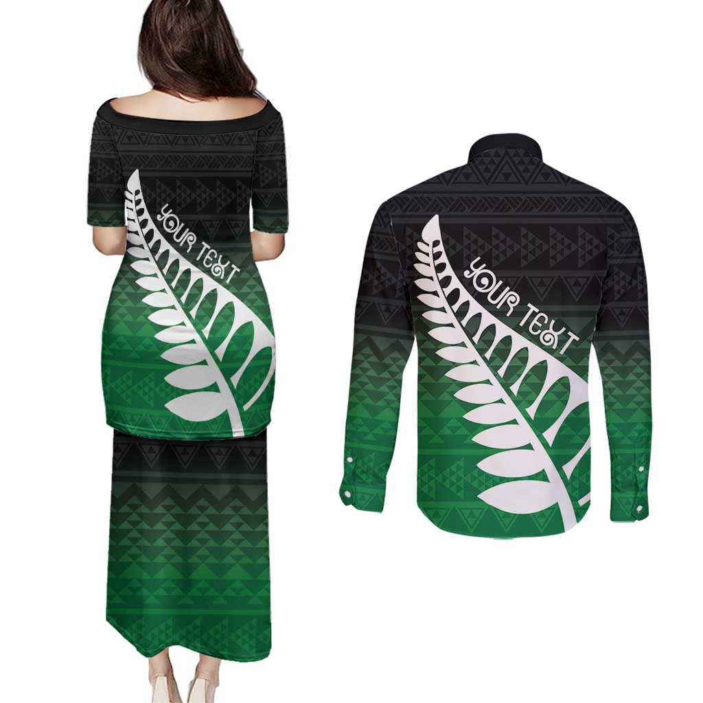 Green Silver Fern Spirit Taniko Tukutuku Personalised Couples Matching Puletasi and Long Sleeve Button Shirt LT9 - Polynesian Pride