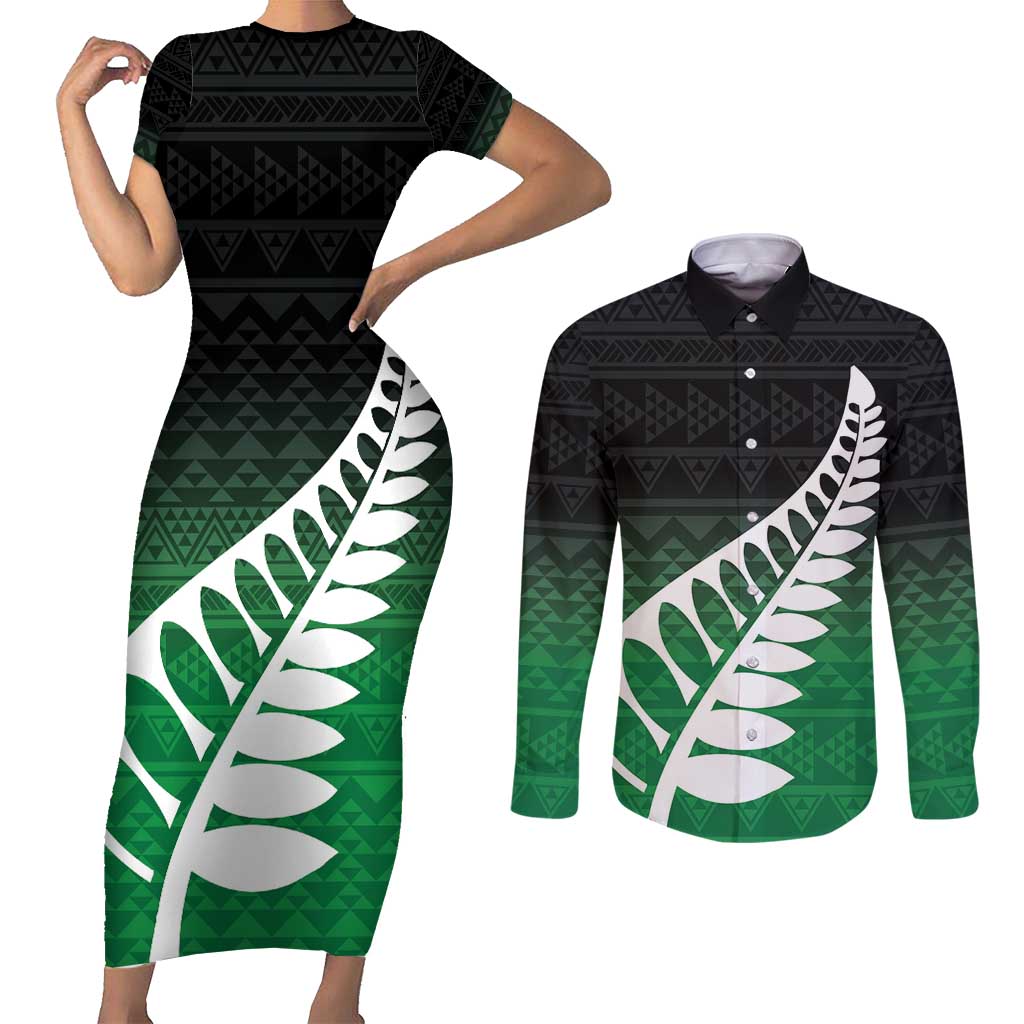 Green Silver Fern Spirit Taniko Tukutuku Personalised Couples Matching Short Sleeve Bodycon Dress and Long Sleeve Button Shirt LT9 Green - Polynesian Pride