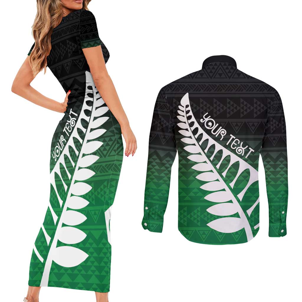 Green Silver Fern Spirit Taniko Tukutuku Personalised Couples Matching Short Sleeve Bodycon Dress and Long Sleeve Button Shirt LT9 - Polynesian Pride
