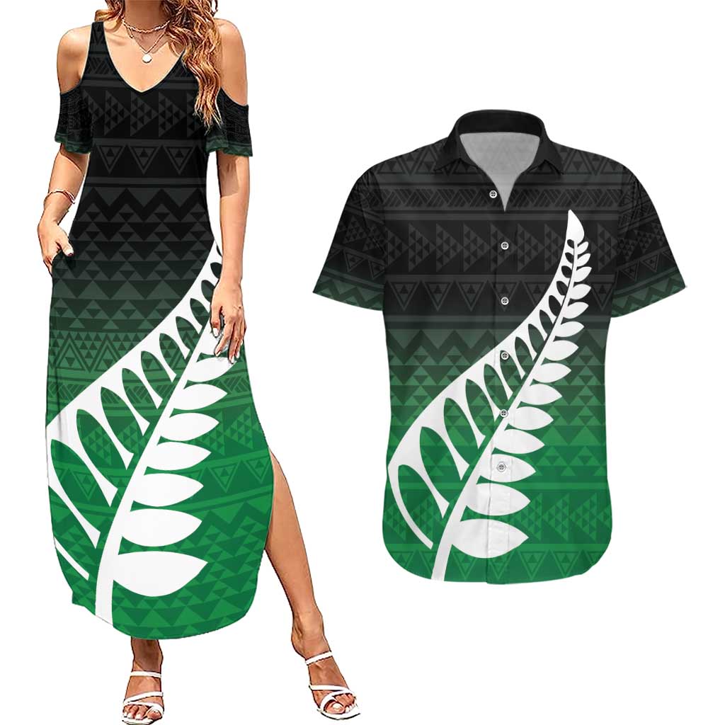 Green Silver Fern Spirit Taniko Tukutuku Personalised Couples Matching Summer Maxi Dress and Hawaiian Shirt LT9 Green - Polynesian Pride