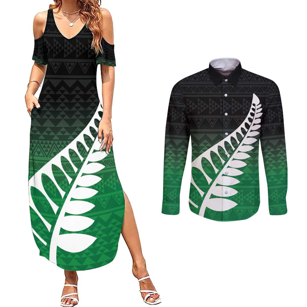 Green Silver Fern Spirit Taniko Tukutuku Personalised Couples Matching Summer Maxi Dress and Long Sleeve Button Shirt LT9 Green - Polynesian Pride