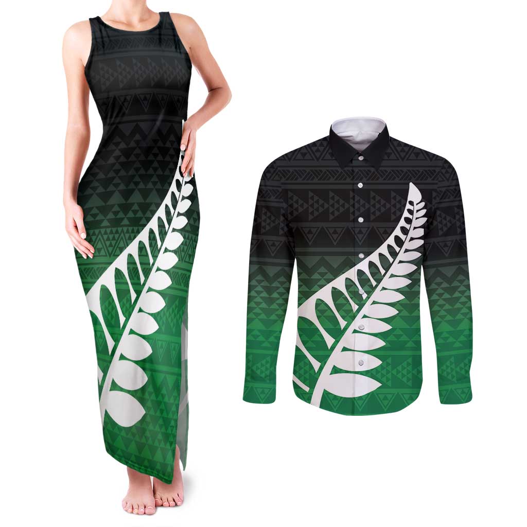 Green Silver Fern Spirit Taniko Tukutuku Personalised Couples Matching Tank Maxi Dress and Long Sleeve Button Shirt LT9 Green - Polynesian Pride