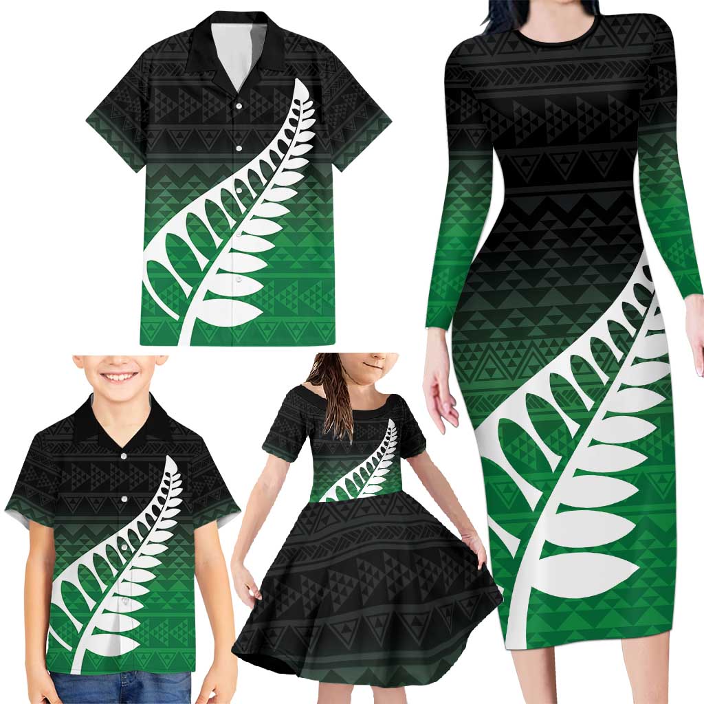Green Silver Fern Spirit Taniko Tukutuku Personalised Family Matching Long Sleeve Bodycon Dress and Hawaiian Shirt LT9 - Polynesian Pride