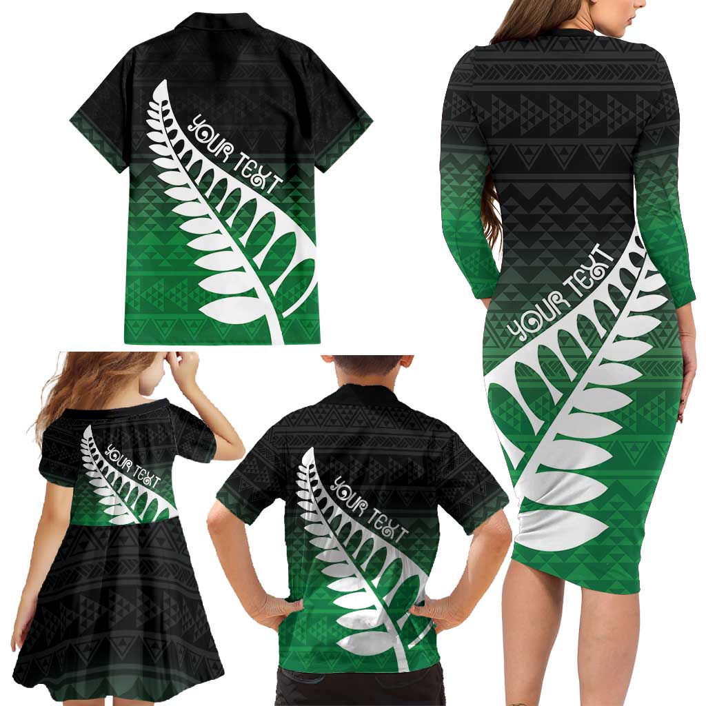 Green Silver Fern Spirit Taniko Tukutuku Personalised Family Matching Long Sleeve Bodycon Dress and Hawaiian Shirt LT9 - Polynesian Pride