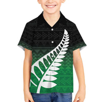 Green Silver Fern Spirit Taniko Tukutuku Personalised Family Matching Off The Shoulder Long Sleeve Dress and Hawaiian Shirt LT9 Son's Shirt Green - Polynesian Pride