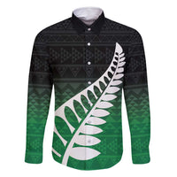 Green Silver Fern Spirit Taniko Tukutuku Personalised Family Matching Off Shoulder Maxi Dress and Hawaiian Shirt LT9 Dad's Shirt - Long Sleeve Green - Polynesian Pride