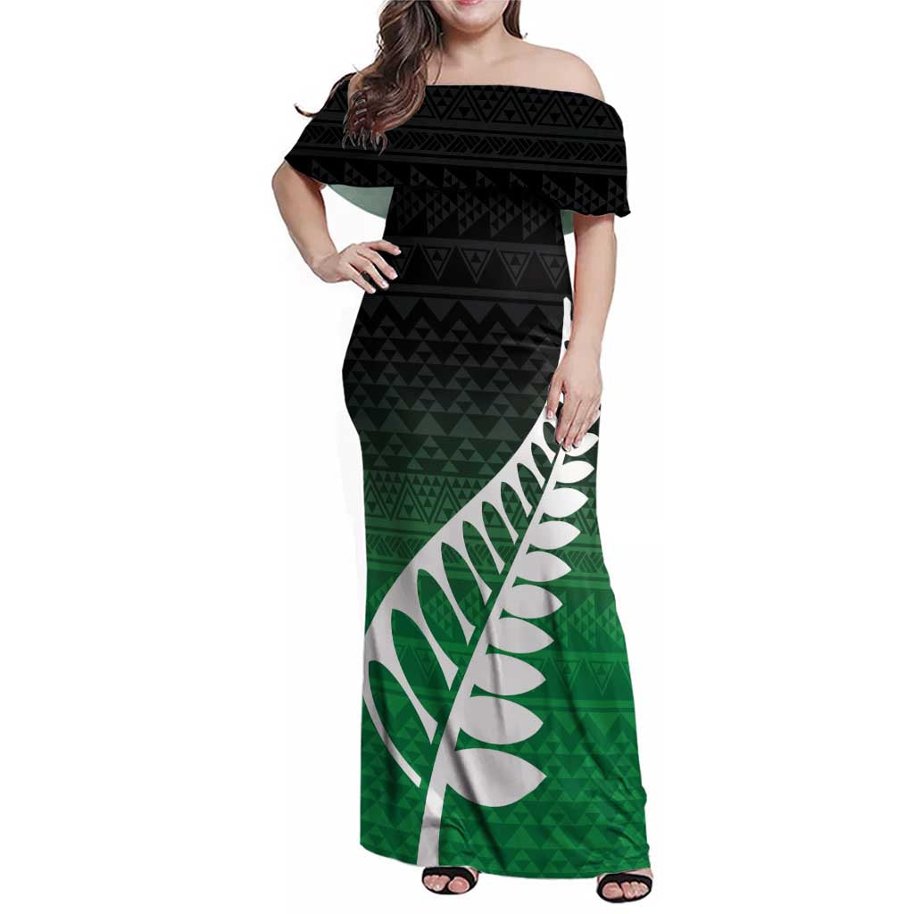 Green Silver Fern Spirit Taniko Tukutuku Personalised Family Matching Off Shoulder Maxi Dress and Hawaiian Shirt LT9 Mom's Dress Green - Polynesian Pride