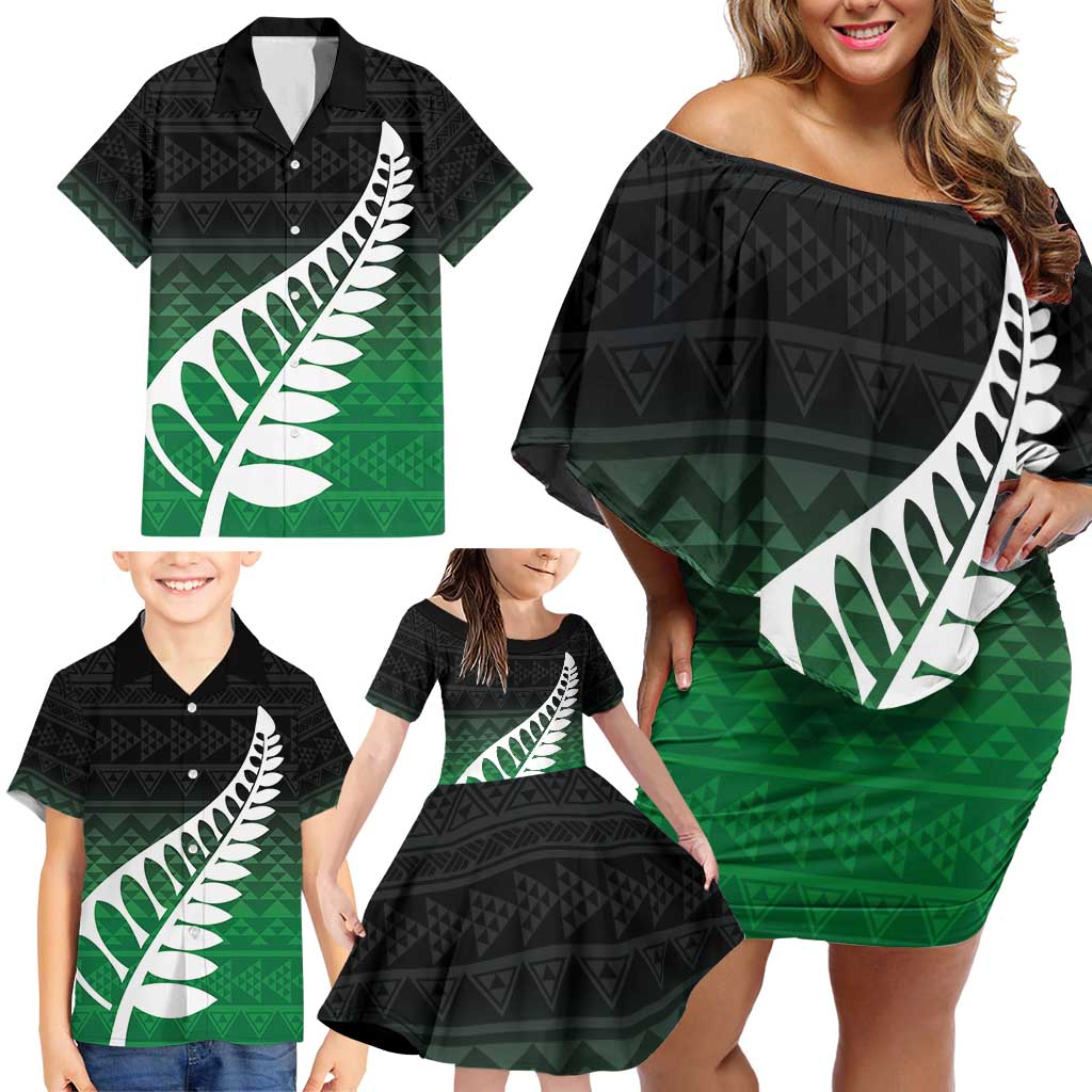 Green Silver Fern Spirit Taniko Tukutuku Personalised Family Matching Off Shoulder Short Dress and Hawaiian Shirt LT9 - Polynesian Pride