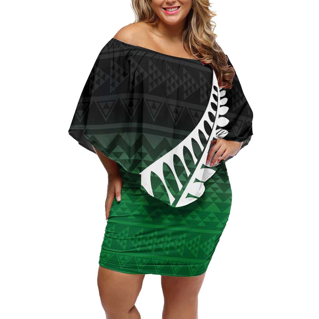 Green Silver Fern Spirit Taniko Tukutuku Personalised Family Matching Off Shoulder Short Dress and Hawaiian Shirt LT9 Mom's Dress Green - Polynesian Pride
