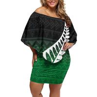 Green Silver Fern Spirit Taniko Tukutuku Personalised Family Matching Off Shoulder Short Dress and Hawaiian Shirt LT9 Mom's Dress Green - Polynesian Pride