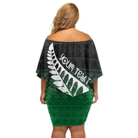 Green Silver Fern Spirit Taniko Tukutuku Personalised Family Matching Off Shoulder Short Dress and Hawaiian Shirt LT9 - Polynesian Pride