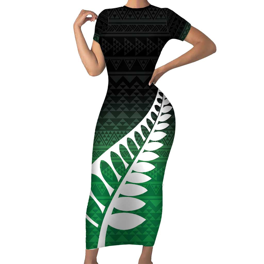 Green Silver Fern Spirit Taniko Tukutuku Personalised Family Matching Short Sleeve Bodycon Dress and Hawaiian Shirt LT9 Mom's Dress Green - Polynesian Pride