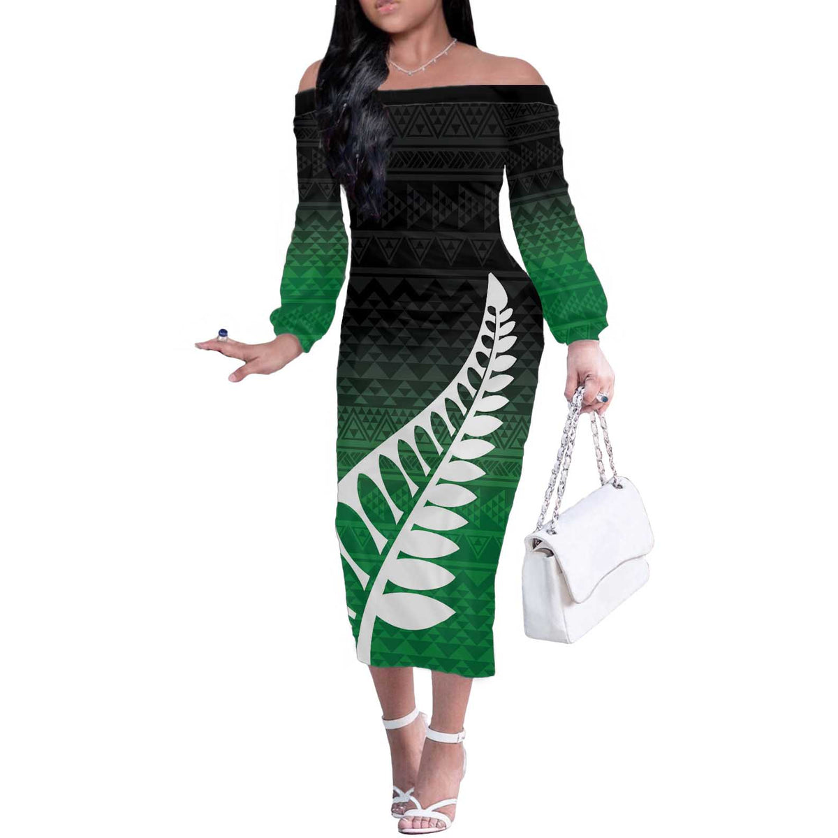 Green Silver Fern Spirit Taniko Tukutuku Personalised Off The Shoulder Long Sleeve Dress LT9 Women Green - Polynesian Pride