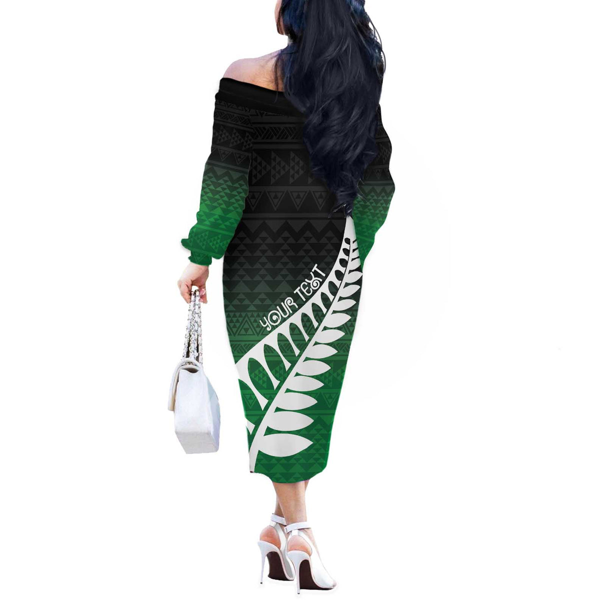 Green Silver Fern Spirit Taniko Tukutuku Personalised Off The Shoulder Long Sleeve Dress LT9 - Polynesian Pride