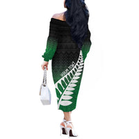 Green Silver Fern Spirit Taniko Tukutuku Personalised Off The Shoulder Long Sleeve Dress LT9 - Polynesian Pride