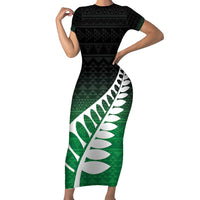 Green Silver Fern Spirit Taniko Tukutuku Personalised Short Sleeve Bodycon Dress LT9 Long Dress Green - Polynesian Pride