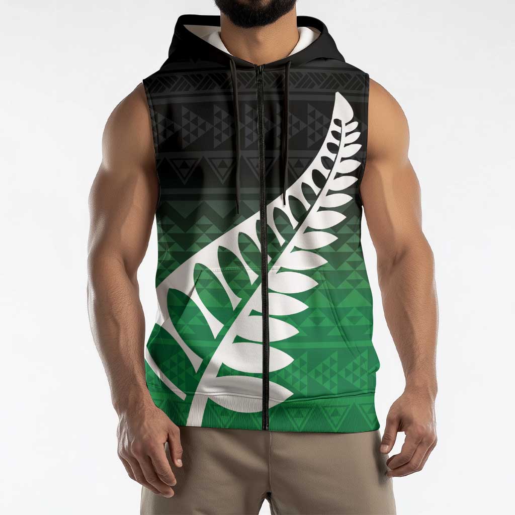 Green Silver Fern Spirit Taniko Tukutuku Personalised Sleeveless Zip Hoodie LT9 - Polynesian Pride