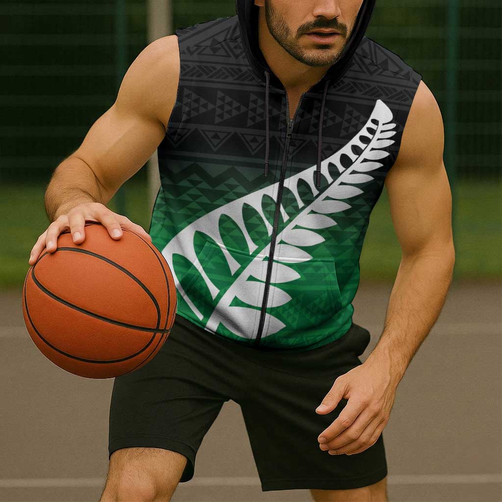 Green Silver Fern Spirit Taniko Tukutuku Personalised Sleeveless Zip Hoodie LT9 - Polynesian Pride