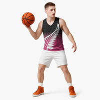 Pink Silver Fern Spirit Taniko Tukutuku Personalised Basketball Jersey LT9 - Polynesian Pride